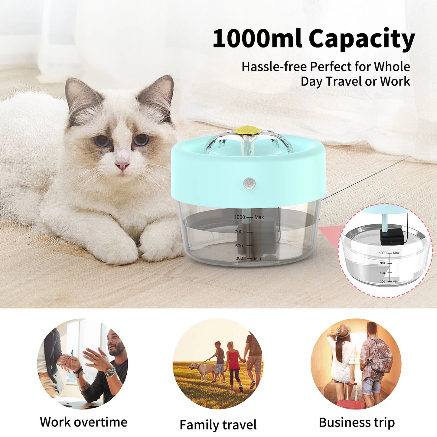 Cat Water Fountain, 1000Mah Battery Pet Water Fountain. Automatic Pet Drinking Fountain, Cat Fountain Blue 35 Oz